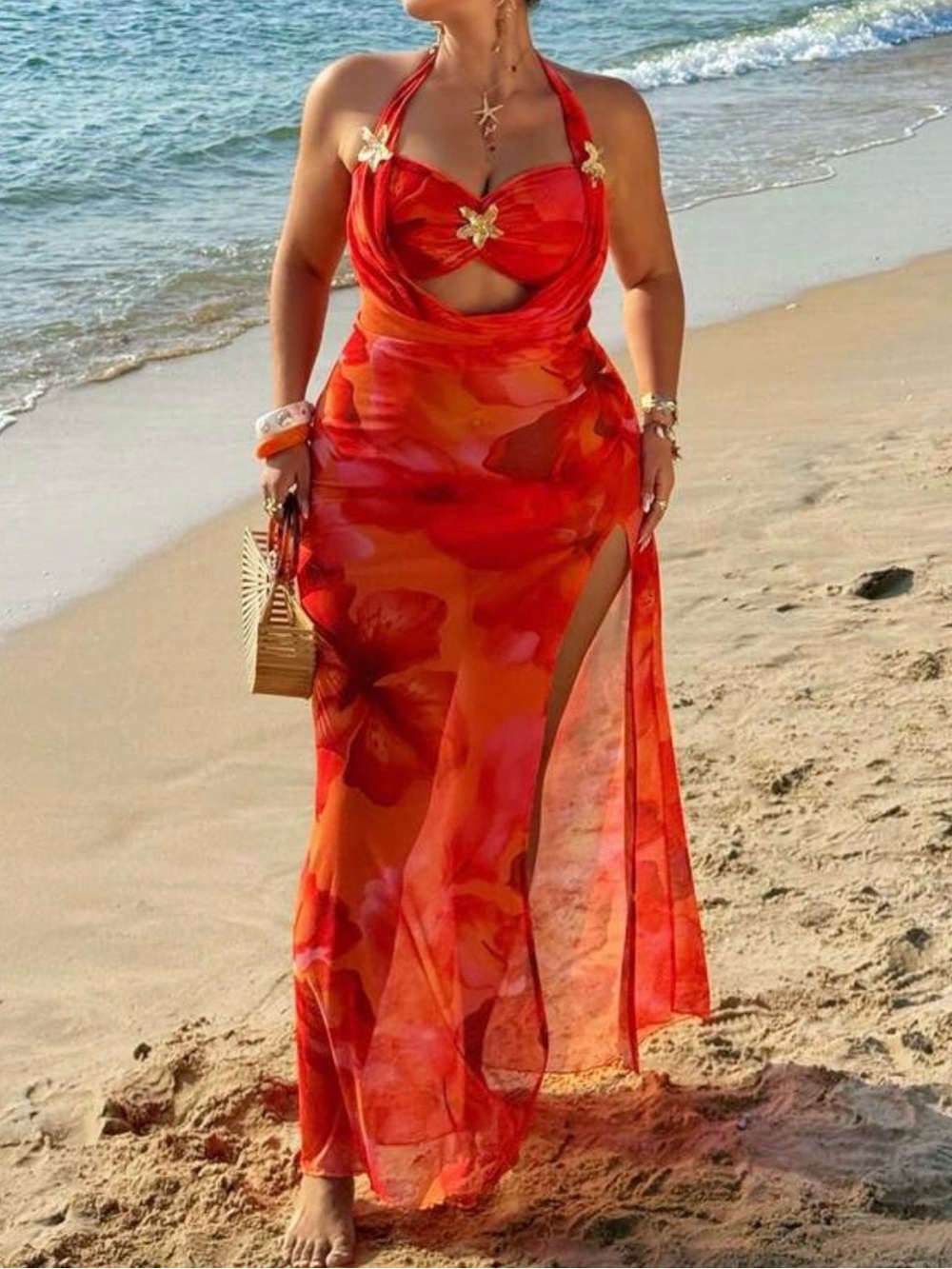 SHEIN Red Orange Floral Halter One-Piece Swim Dress with High Slit